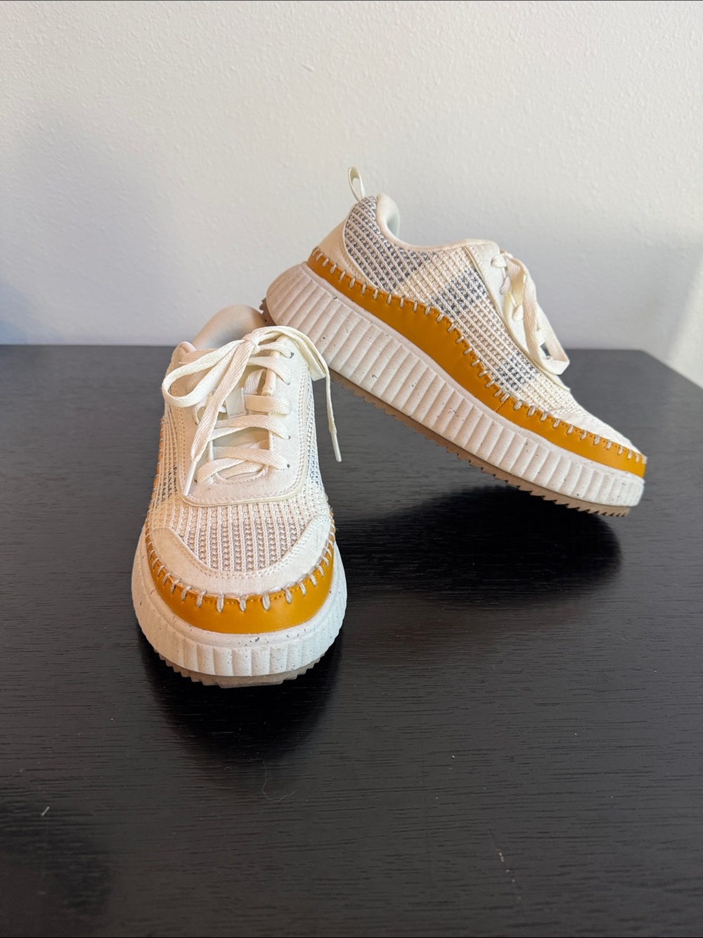 Ladies Dream Pairs White and Mustard Yellow Knit Platform Sneakers